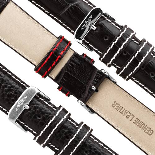 PILOT Marken LEDERBAND 22 Uhrarmband - weisse oder rote Naht Dornschliee Uhr