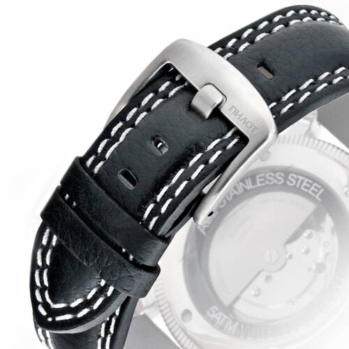 Uhrarmband Leder schwarz Fliegeruhr 22 24 mm Doppelnaht weiss Schliee matt